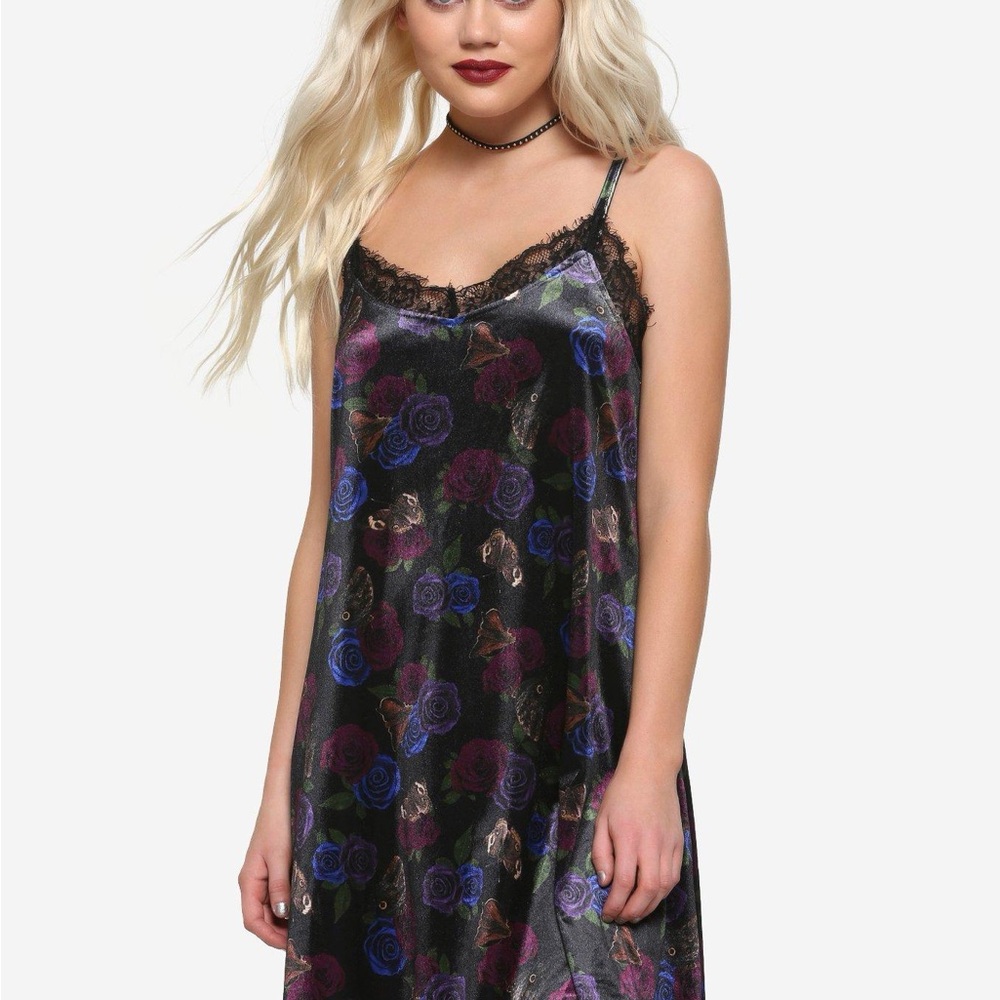 Lace-Trim Floral Slip Dress - Black with Purple & Blue Roses whimsigoth fairy